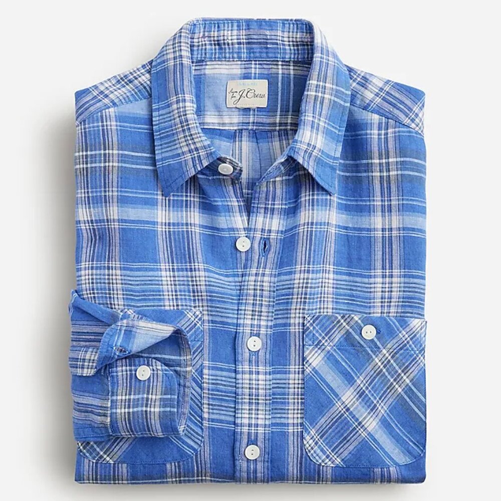 NWT $118 J Crew Baird McNutt Irish Linen Blue Plaid Two-Pocket Workshirt
